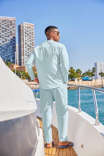 COOFANDY Mens Linen Suit 2 Piece Cotton Set Fashion Long Sleeve Henley Shirt Cuban Shirt and Pants Set Vacation Summer Outfits - Image 4