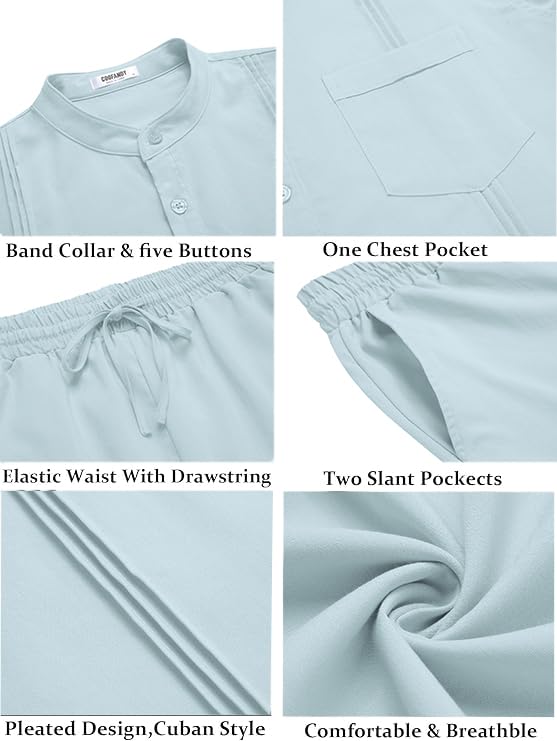 COOFANDY Mens Linen Suit 2 Piece Cotton Set Fashion Long Sleeve Henley Shirt Cuban Shirt and Pants Set Vacation Summer Outfits - Image 5