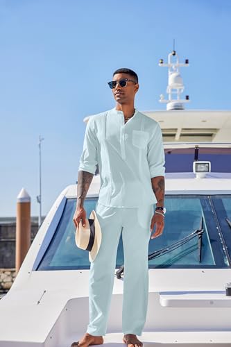 COOFANDY Mens Linen Suit 2 Piece Cotton Set Fashion Long Sleeve Henley Shirt Cuban Shirt and Pants Set Vacation Summer Outfits - Image 3