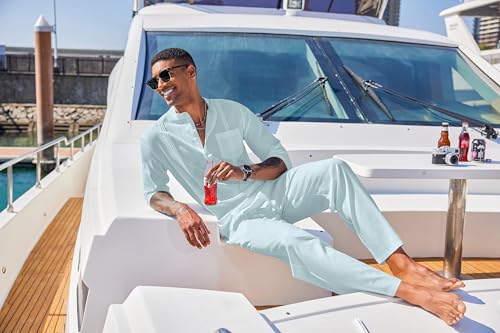 COOFANDY Mens Linen Suit 2 Piece Cotton Set Fashion Long Sleeve Henley Shirt Cuban Shirt and Pants Set Vacation Summer Outfits - Image 2