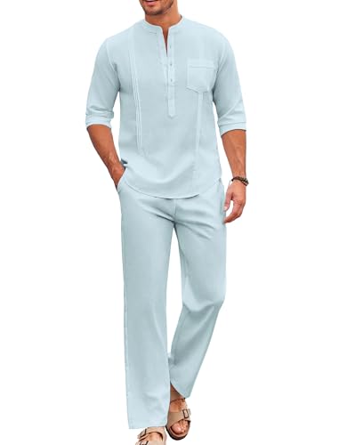 COOFANDY Mens Linen Suit 2 Piece Cotton Set Fashion Long Sleeve Henley Shirt Cuban Shirt and Pants Set Vacation Summer Outfits - Image 1