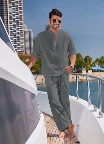 COOFANDY Mens 2 Pieces Cotton Linen Set Long Sleeve Henley Shirts Casual Beach Pants With Pockets Summer Yoga Outfits - Image 3