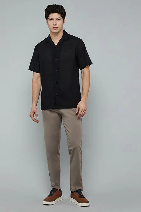 أر أند بي Textured Shirt with Revere Collar and Short Sleeves