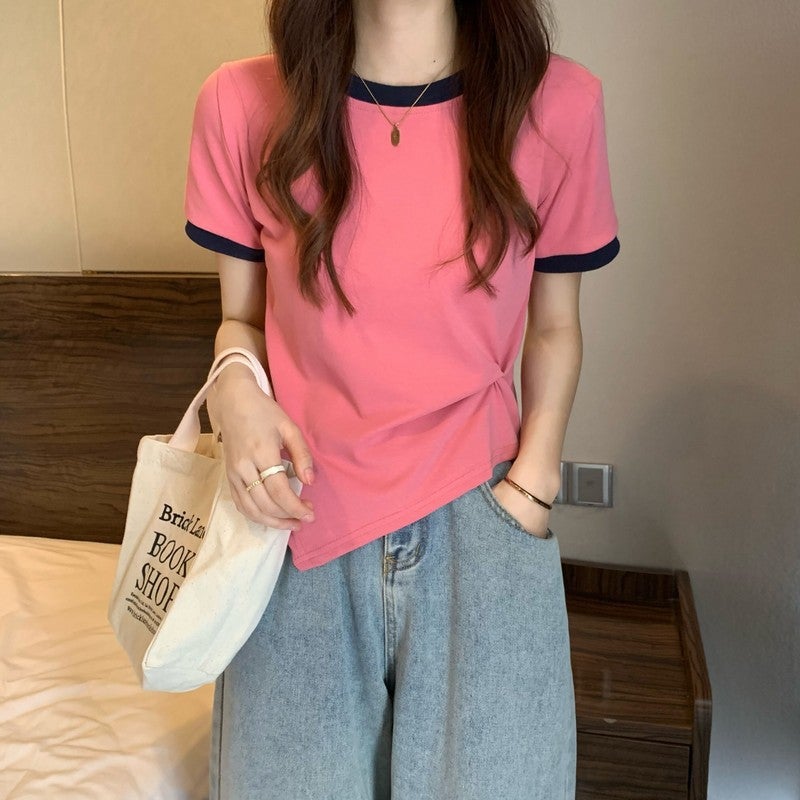Colorblock Short-Sleeved T-Shirt Women'S Summer Design Colorblock T-Shirt Irregular Casual Slim-Fit Short-Sleeved Top Korean-Style All-Match - Image 4