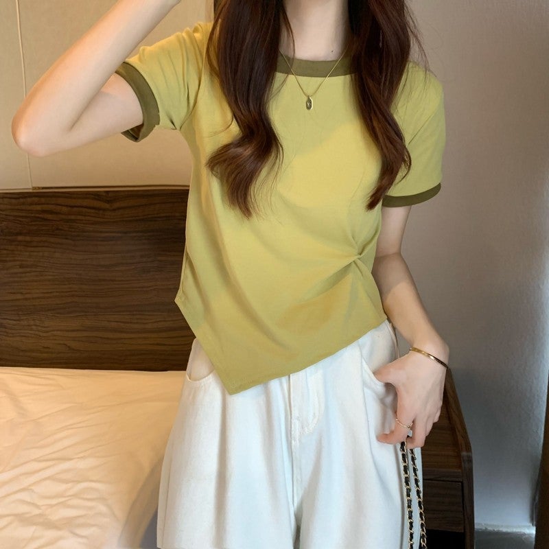 Colorblock Short-Sleeved T-Shirt Women'S Summer Design Colorblock T-Shirt Irregular Casual Slim-Fit Short-Sleeved Top Korean-Style All-Match - Image 3