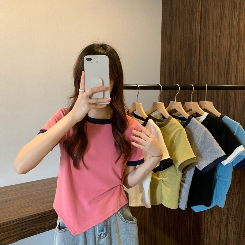 Colorblock Short-Sleeved T-Shirt Women'S Summer Design Colorblock T-Shirt Irregular Casual Slim-Fit Short-Sleeved Top Korean-Style All-Match - Image 2