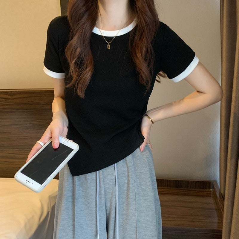 Colorblock Short-Sleeved T-Shirt Women'S Summer Design Colorblock T-Shirt Irregular Casual Slim-Fit Short-Sleeved Top Korean-Style All-Match - Image 5