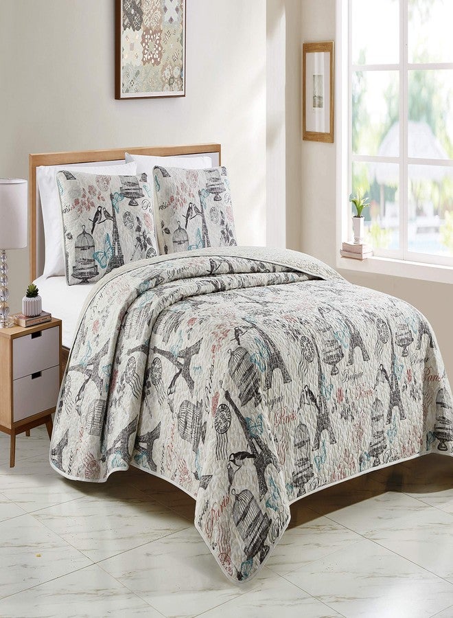 Fancy Linen Coverlet Bedspread Set Paris Butterflies Eiffel Tower Birds Flowers Bird Cage Beige Black Turquoise Pink New # Paris Butterfly (Twin/Twin Extra Long) - Image 1
