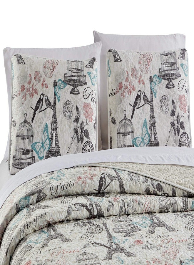 Fancy Linen Coverlet Bedspread Set Paris Butterflies Eiffel Tower Birds Flowers Bird Cage Beige Black Turquoise Pink New # Paris Butterfly (Twin/Twin Extra Long) - Image 2