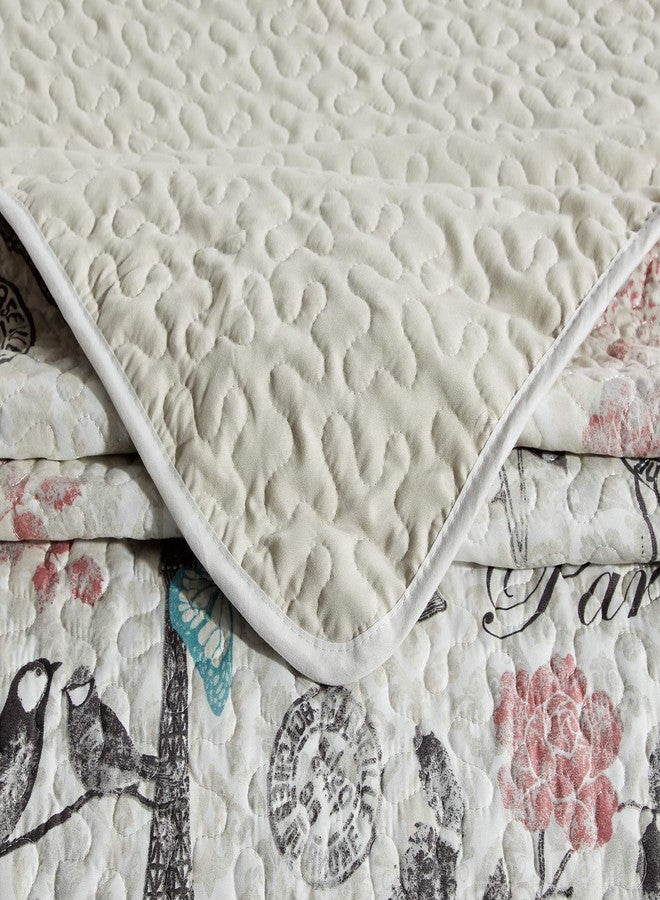 Fancy Linen Coverlet Bedspread Set Paris Butterflies Eiffel Tower Birds Flowers Bird Cage Beige Black Turquoise Pink New # Paris Butterfly (Twin/Twin Extra Long) - Image 3
