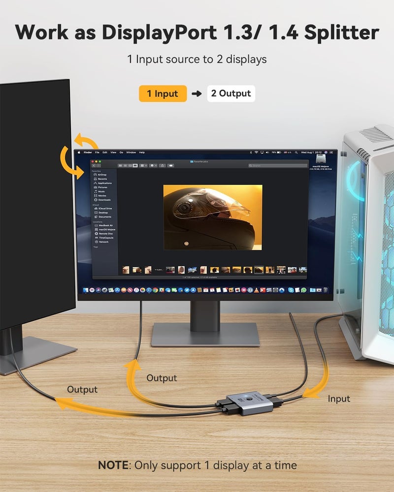 Vilcome DisplayPort Switch 8K Splitter, Plug & Play, One-Button Switching, Bidirectional Display Port Switcher Box 2 in 1 Out/ 1 in 2 Out, 8K@60Hz, 4K@120Hz, 1080P@240Hz for PC Monitor Laptop (Gray) - Image 4