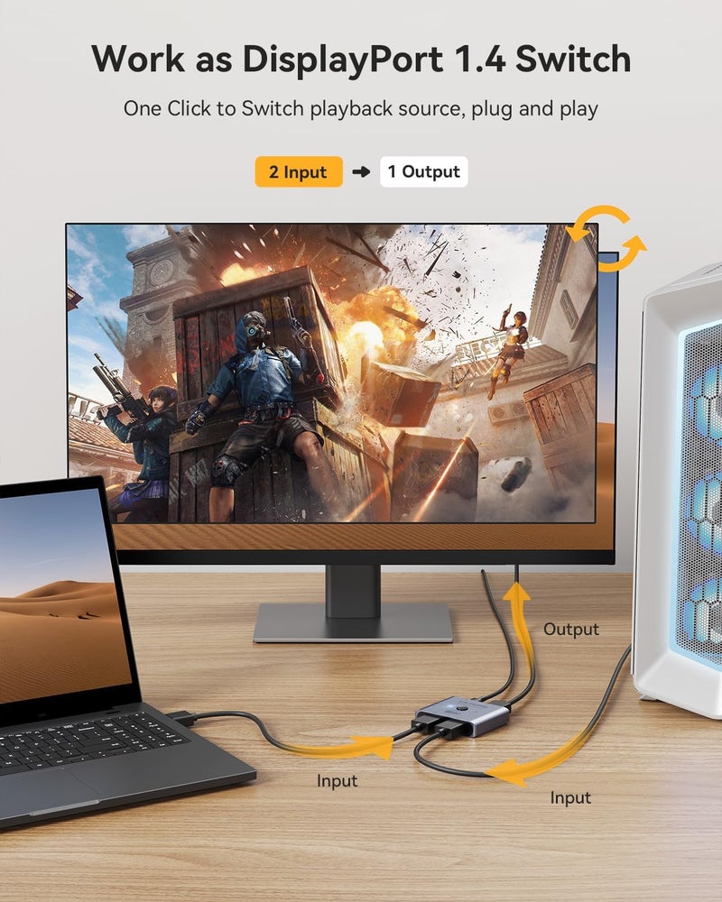 Vilcome DisplayPort Switch 8K Splitter, Plug & Play, One-Button Switching, Bidirectional Display Port Switcher Box 2 in 1 Out/ 1 in 2 Out, 8K@60Hz, 4K@120Hz, 1080P@240Hz for PC Monitor Laptop (Gray) - Image 3