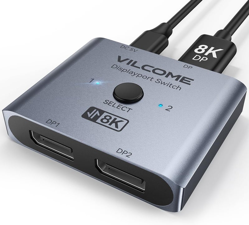 Vilcome DisplayPort Switch 8K Splitter, Plug & Play, One-Button Switching, Bidirectional Display Port Switcher Box 2 in 1 Out/ 1 in 2 Out, 8K@60Hz, 4K@120Hz, 1080P@240Hz for PC Monitor Laptop (Gray) - Image 1