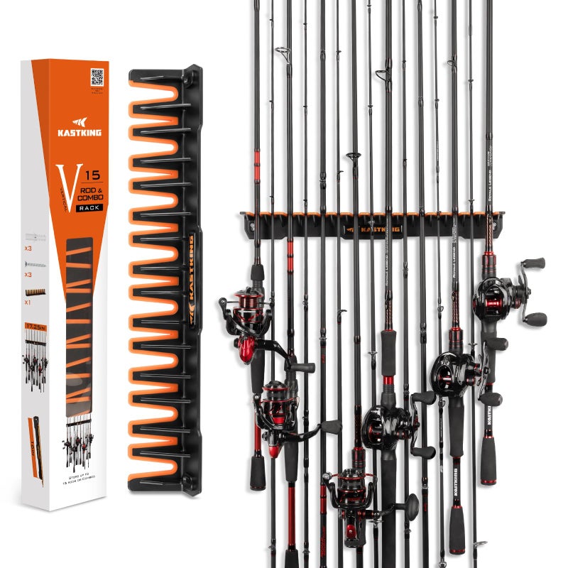 Kastking KastKing Patented V15 Vertical Fishing Rod Holder – Wall Mounted Fishing Rod Rack, Store 15 Rods or Fishing Rod Combos in 17.25 Inches, Great Fishing Pole Holder and Rack - Image 1