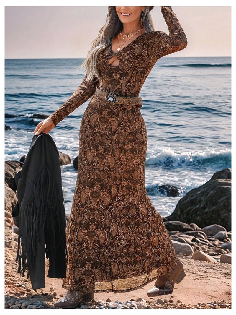 WDIRARA Women's Paisley Print Cut Out Fishtail Maxi Dress Long Sleeve V Neck Western Bodycon Dresses Coffee Medium - Image 3