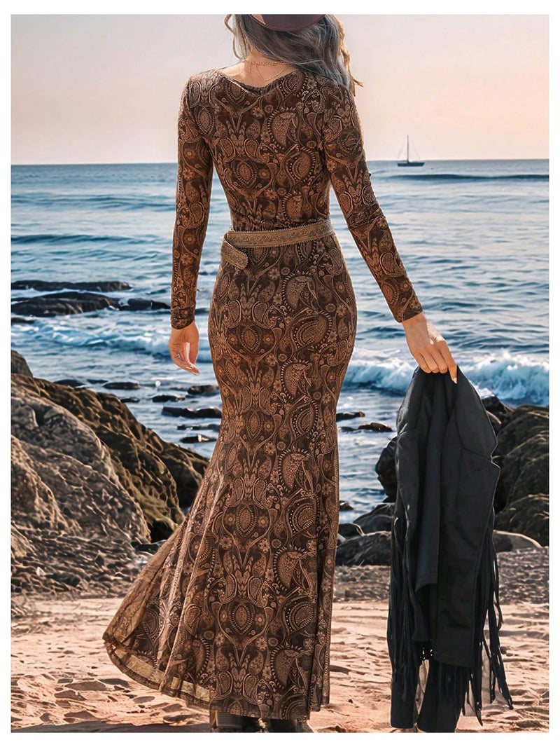 WDIRARA Women's Paisley Print Cut Out Fishtail Maxi Dress Long Sleeve V Neck Western Bodycon Dresses Coffee Medium - Image 2