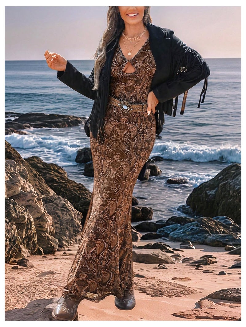 WDIRARA Women's Paisley Print Cut Out Fishtail Maxi Dress Long Sleeve V Neck Western Bodycon Dresses Coffee Medium - Image 4