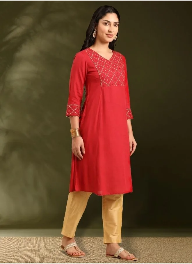 Abhishti Zari and mirrorwork embroidered kurta-red