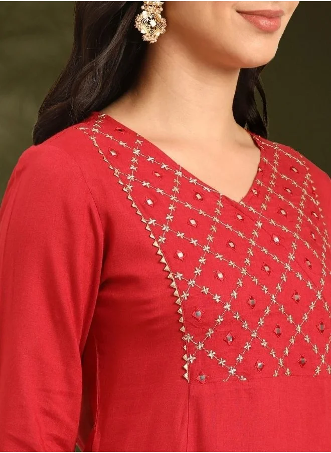 Abhishti Zari and mirrorwork embroidered kurta-red