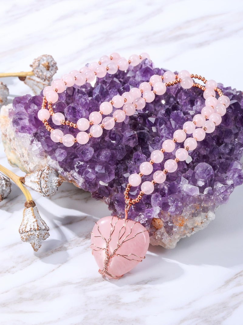 Top Plaza Rose Quartz Healing Crystal Necklace for Women Life Tree Wired Love Heart Natural Gemstone Pendant Necklace Pink Jewelry Gifts for Mom - Image 2