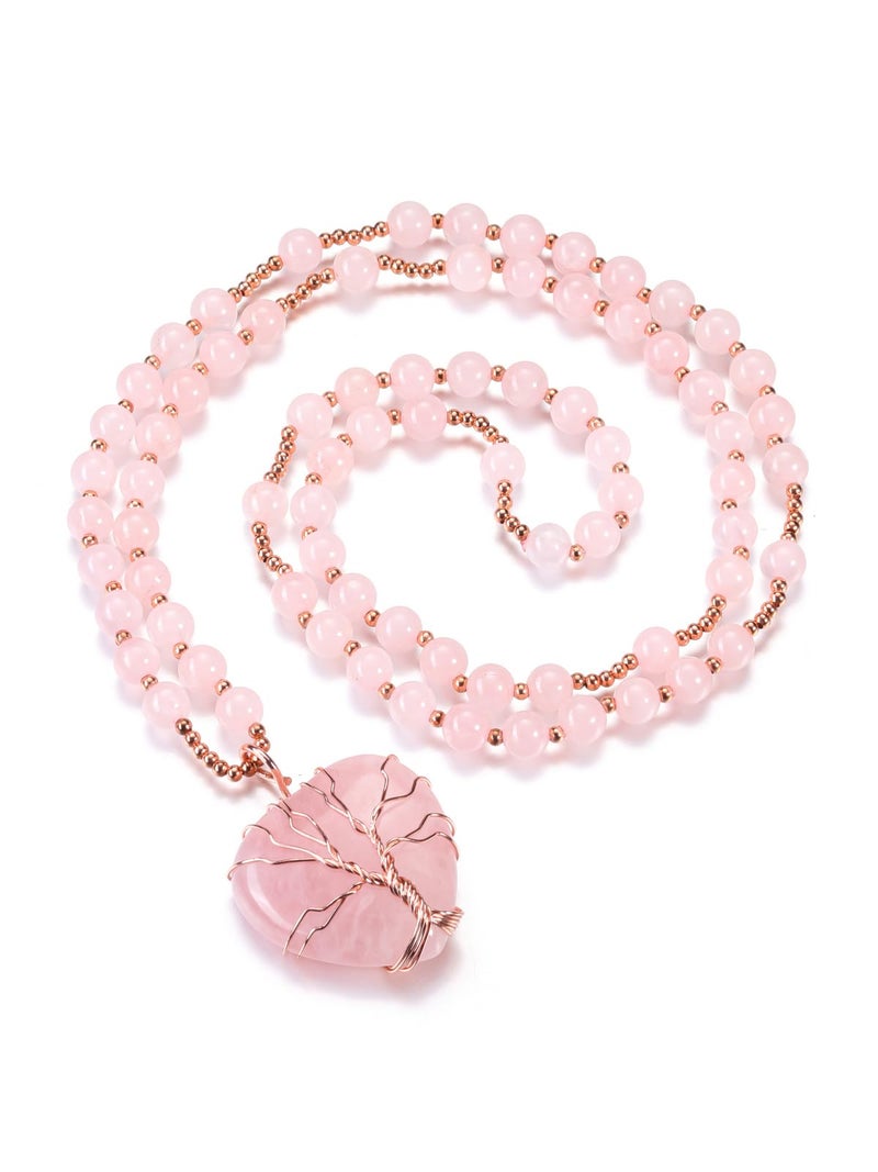 Top Plaza Rose Quartz Healing Crystal Necklace for Women Life Tree Wired Love Heart Natural Gemstone Pendant Necklace Pink Jewelry Gifts for Mom - Image 1