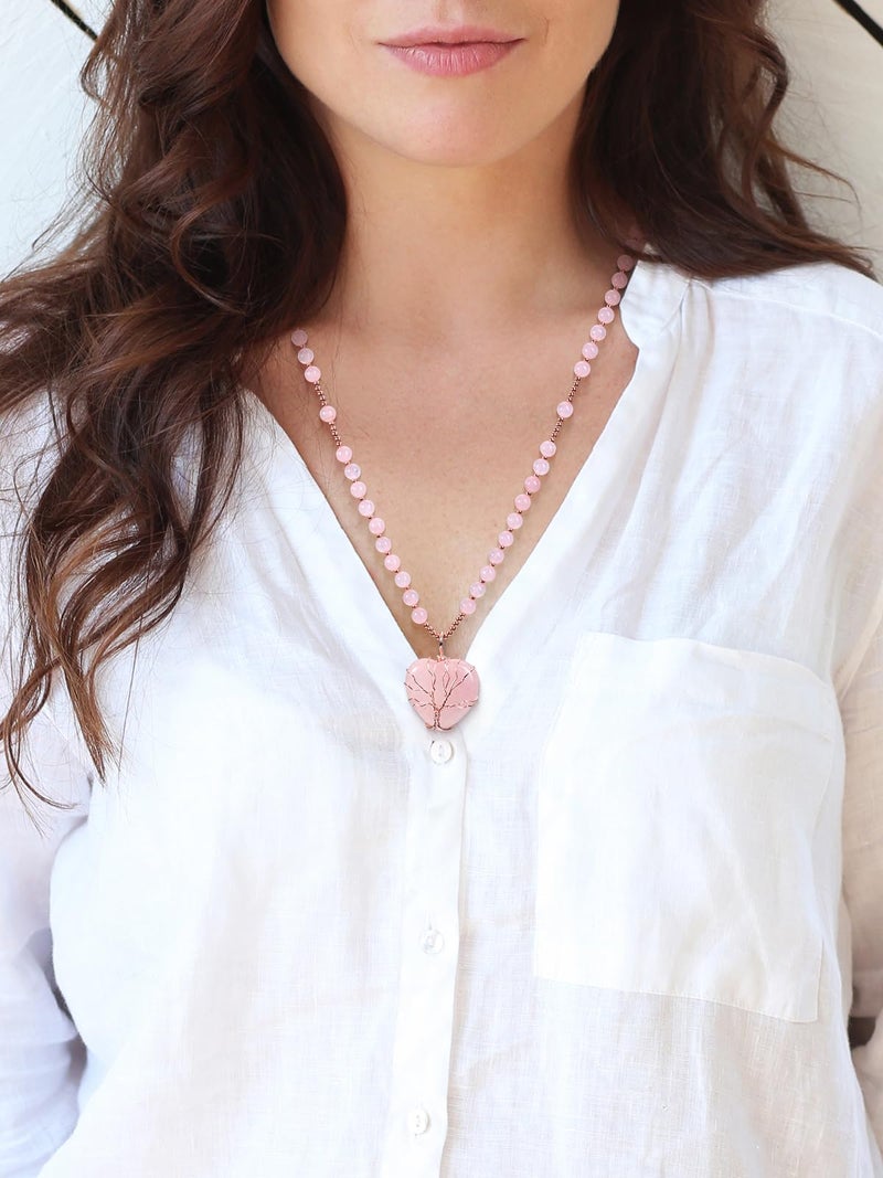 Top Plaza Rose Quartz Healing Crystal Necklace for Women Life Tree Wired Love Heart Natural Gemstone Pendant Necklace Pink Jewelry Gifts for Mom - Image 4