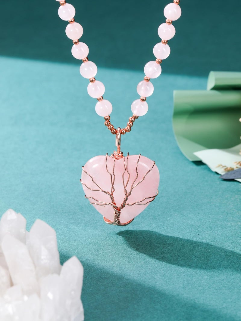 Top Plaza Rose Quartz Healing Crystal Necklace for Women Life Tree Wired Love Heart Natural Gemstone Pendant Necklace Pink Jewelry Gifts for Mom - Image 3