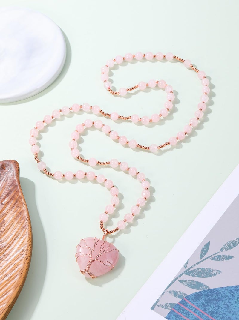 Top Plaza Rose Quartz Healing Crystal Necklace for Women Life Tree Wired Love Heart Natural Gemstone Pendant Necklace Pink Jewelry Gifts for Mom - Image 5