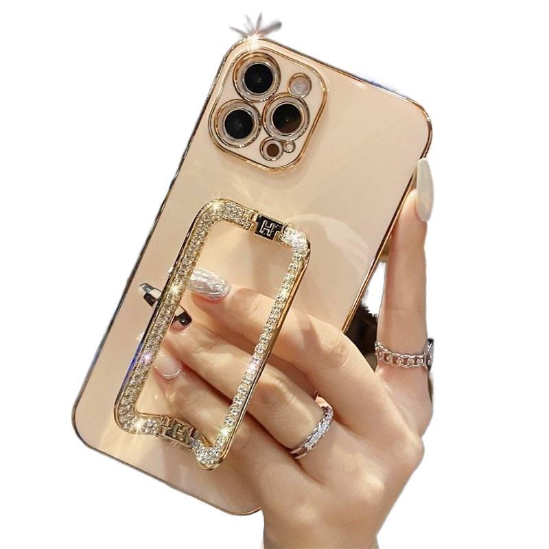 BB غطاء واقي بTPU لـ iPhone 15 / 15 Plus / 15 Pro / 15 Pro Max مع حماية من السقوط وحامل قائم مع مقاوم للصدمات مع طلاء كهربائي مع حامل قائم بإبزيم ماسي باللون وردي بوظيفة حامل من مادة. - Image 1