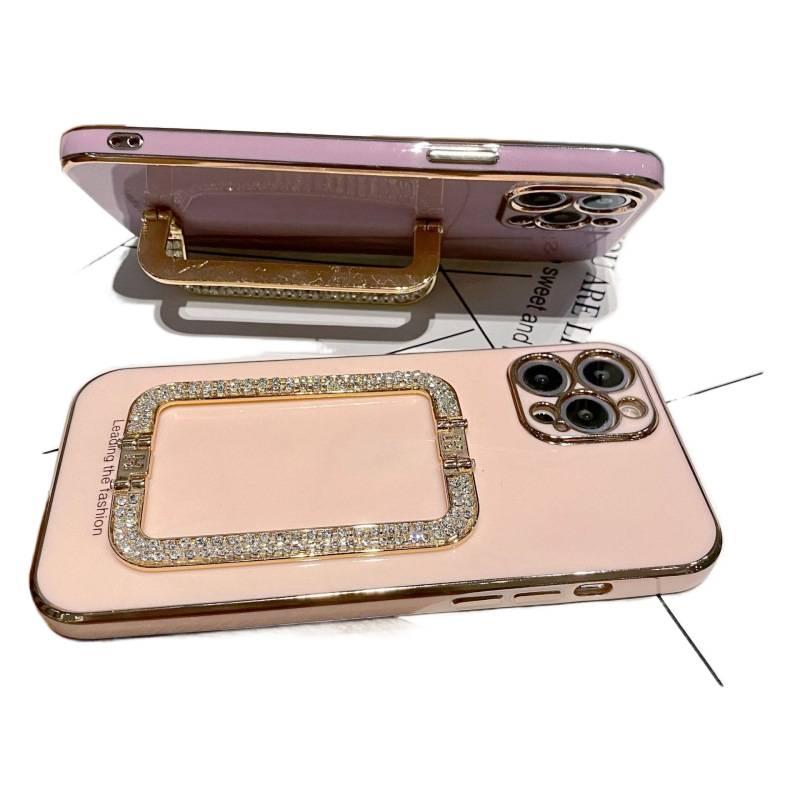 BB غطاء واقي بTPU لـ iPhone 15 / 15 Plus / 15 Pro / 15 Pro Max مع حماية من السقوط وحامل قائم مع مقاوم للصدمات مع طلاء كهربائي مع حامل قائم بإبزيم ماسي باللون وردي بوظيفة حامل من مادة. - Image 3