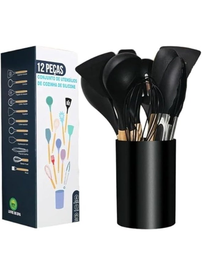 High Quality 12-Piece Silicone Kitchen Utensils Set with Bamboo Handles – Odorless Cooking Tools - Image 1