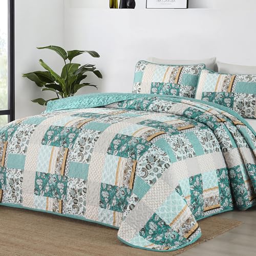 WONGS BEDDING Summer Quilt Set Queen Size 3 Pieces Teal Patchwork Plaid Bedspread Coverlet Set Floral Soft Lightweight Microfiber Bedding Set for All Season9690 - Image 3