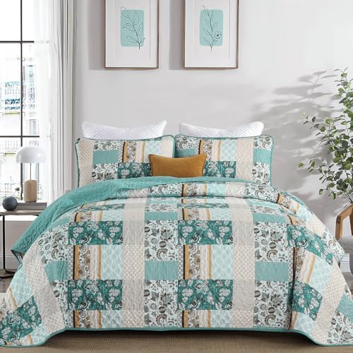 WONGS BEDDING Summer Quilt Set Queen Size 3 Pieces Teal Patchwork Plaid Bedspread Coverlet Set Floral Soft Lightweight Microfiber Bedding Set for All Season9690 - Image 1