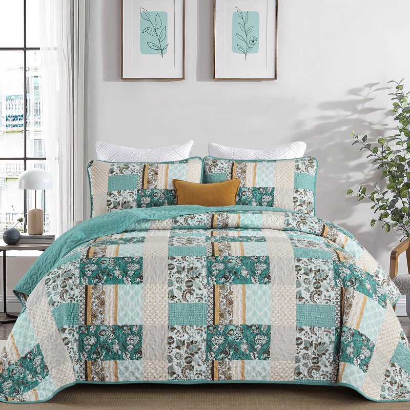WONGS BEDDING Summer Quilt Set Queen Size 3 Pieces Teal Patchwork Plaid Bedspread Coverlet Set Floral Soft Lightweight Microfiber Bedding Set for All Season9690 - Image 2