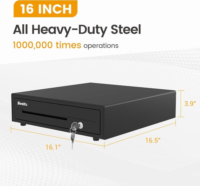 Beelta 16" Heavy Duty Cash Drawer for POS System – Fully Removable Tray, 5 Bill/5 Coin with Micro Switch & Emergency Switch – RJ11/12 Compatible with Square, Clover, Epson Printers BK1616C - Image 4