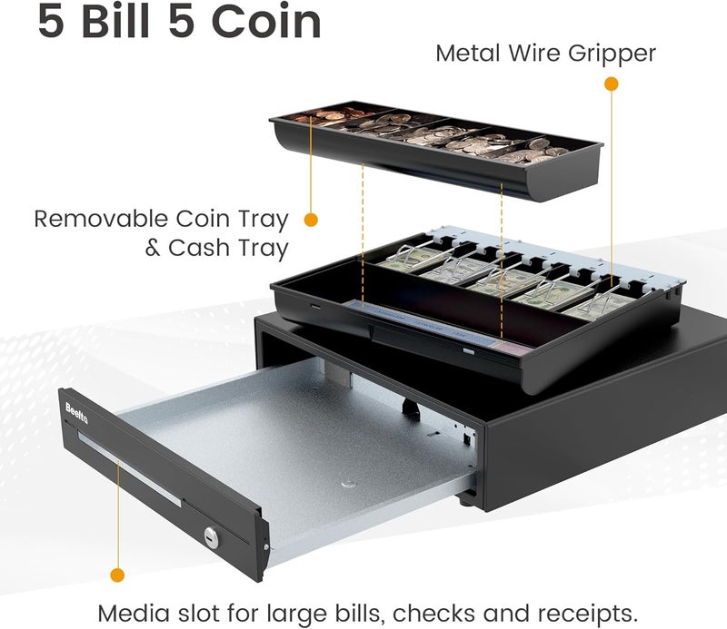 Beelta 16" Heavy Duty Cash Drawer for POS System – Fully Removable Tray, 5 Bill/5 Coin with Micro Switch & Emergency Switch – RJ11/12 Compatible with Square, Clover, Epson Printers BK1616C - Image 3