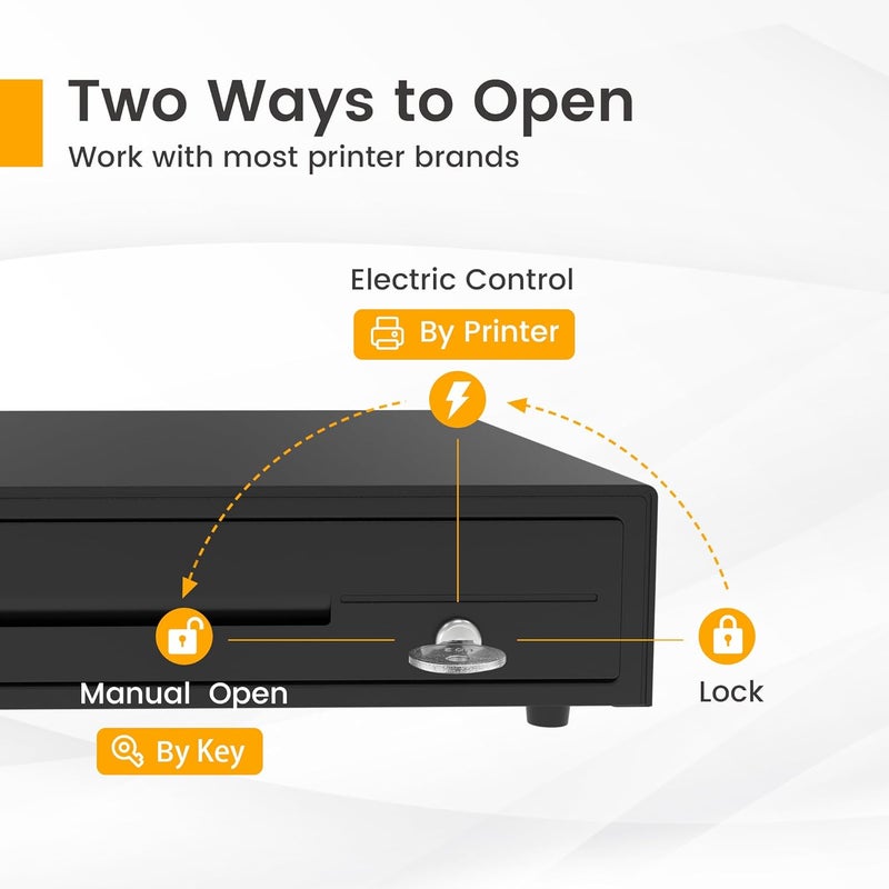 Beelta 16" Heavy Duty Cash Drawer for POS System – Fully Removable Tray, 5 Bill/5 Coin with Micro Switch & Emergency Switch – RJ11/12 Compatible with Square, Clover, Epson Printers BK1616C - Image 5