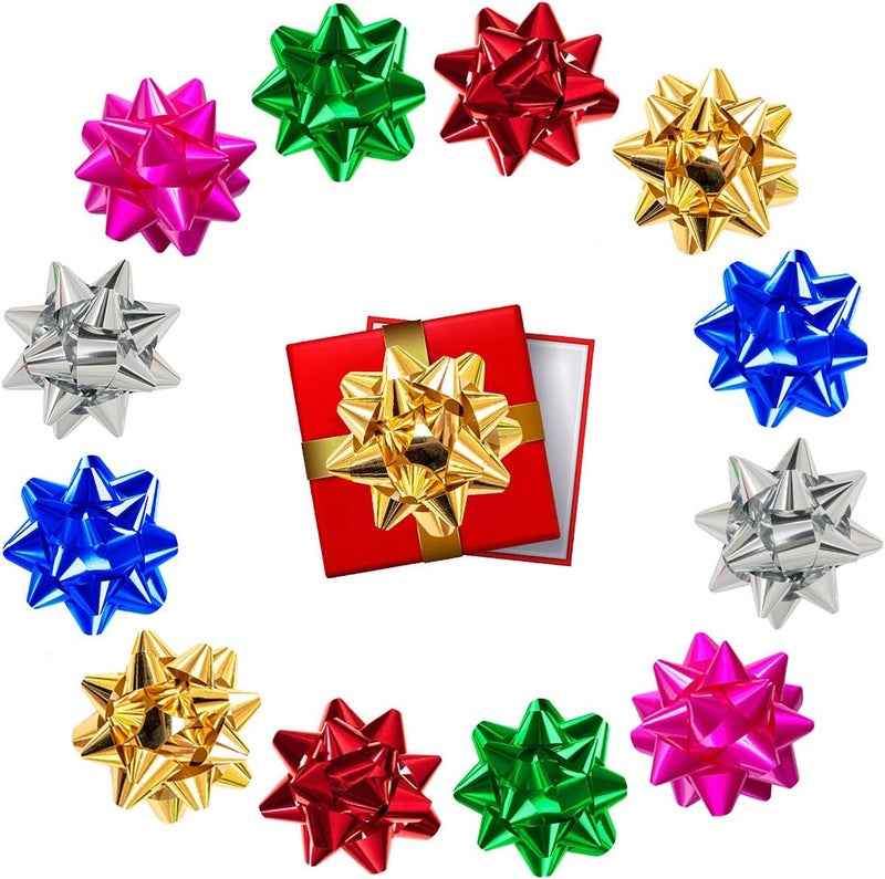 SERSEE 150pcs 1'' Mini Gift Bow, Tiny Self Adhersive Present Metallic Small Star Bows for Gift Box, Holiday Party Craft Birthday Christmas Packaging Wraping Decoration (1in) - Image 1