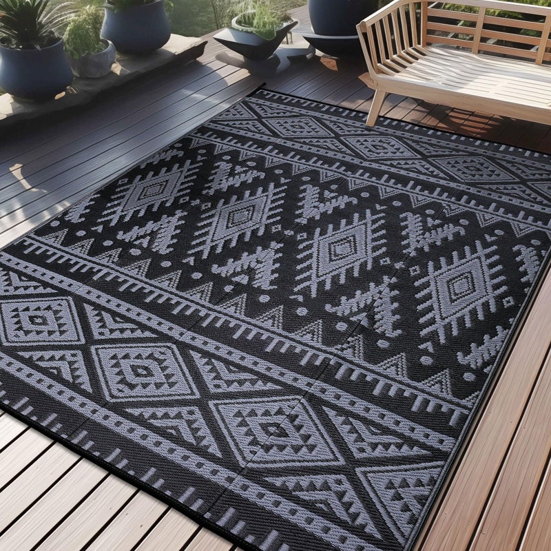 OLANLY Outdoor Rug Waterproof 6x9 ft Reversible Outdoor Plastic Straw Rug Boho Patio Rug Indoor Outdoor Carpet RV Mat Outside for Patio Camp Picnic Balcony Deck Backyard Black Grey