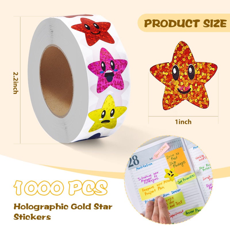 Gsinodrs 1000Pcs Smiley Face Star Stickers - 1 Inch Self-Adhesive Glitter Foil Stickers, 8-Color Sparkly Decorative Decals for Office Supplies, Adult Planners, Scrapbooking, DIY Crafts, Gift Wrapping - Image 2