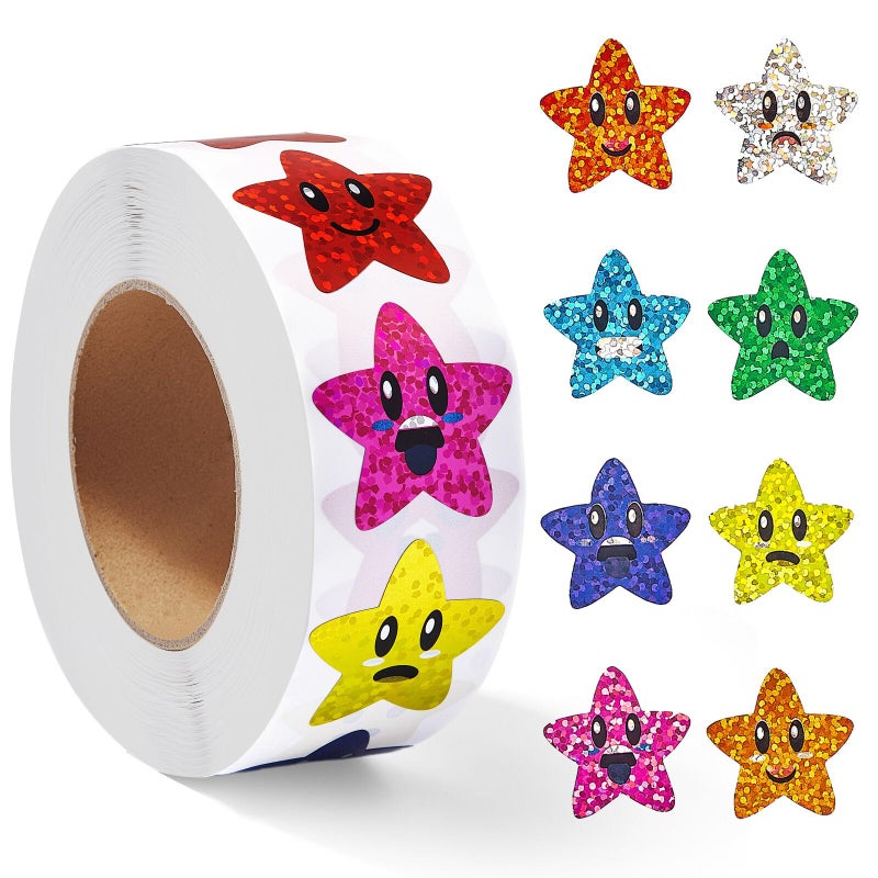 Gsinodrs 1000Pcs Smiley Face Star Stickers - 1 Inch Self-Adhesive Glitter Foil Stickers, 8-Color Sparkly Decorative Decals for Office Supplies, Adult Planners, Scrapbooking, DIY Crafts, Gift Wrapping - Image 1