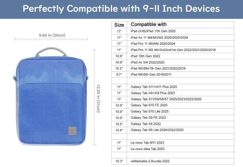 Dadanism 9-11 Inch Tablet Sleeve Bag Carrying Case with Shoulder Strap for iPad (A16) 11", iPad 10th Gen 10.9", iPad Air M4/Pro M5 11", iPad 9/8/7th 10.2", Galaxy Tab A11+ Plus 11", Blue Mist - Image 3