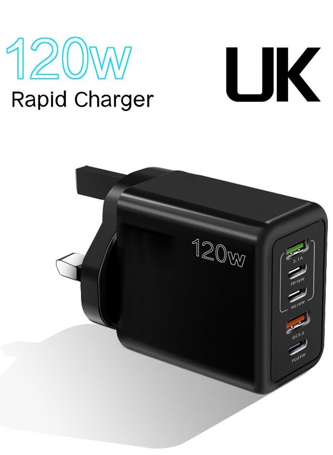 120W Fast Charger with 5 Ports 3PD+2USB Multiport Charger Block for Multiple Device 120w Fast Charging Wall Charger 5 Port Travel Charger Fast Mobile Charger Adapter (Black, UK) - Image 1
