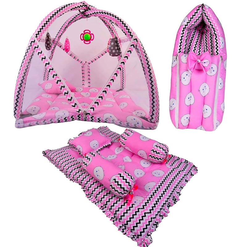 Kwitchy طقم سرير كويتشي للأطفال حديثي الولادة حقيبة نوم شبكة ناموسية مرتبة صالة ألعاب رياضية مجموعة غطاء أساسي هدية حزمة حفل استحمام وردي 06 أشهر 3 قطع - Image 1