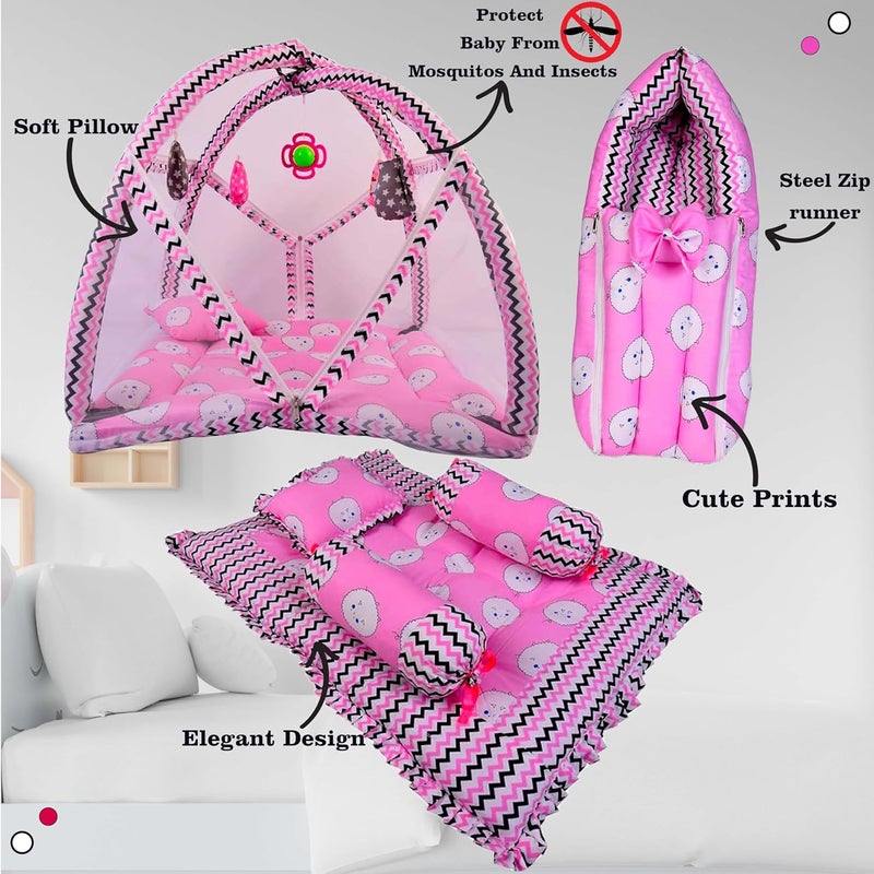 Kwitchy طقم سرير كويتشي للأطفال حديثي الولادة حقيبة نوم شبكة ناموسية مرتبة صالة ألعاب رياضية مجموعة غطاء أساسي هدية حزمة حفل استحمام وردي 06 أشهر 3 قطع - Image 2