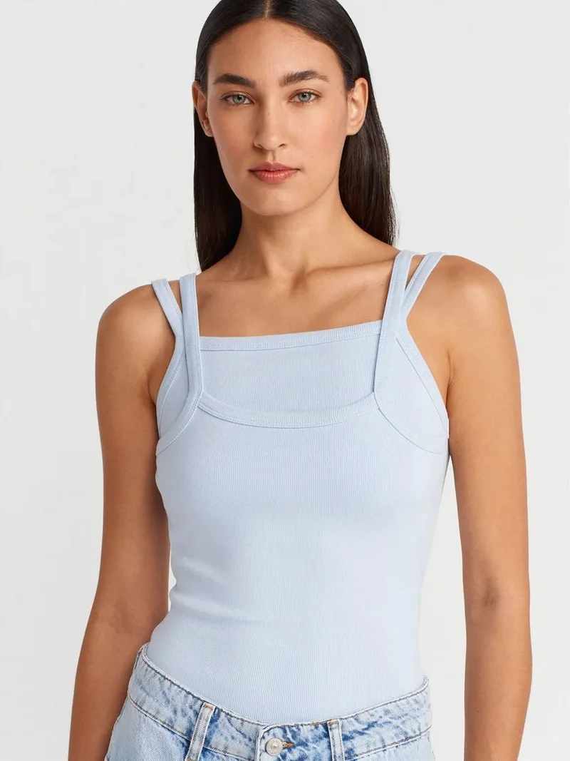 ديلفين Dilvin Ribbed Sleeveless Square-neck Blouse