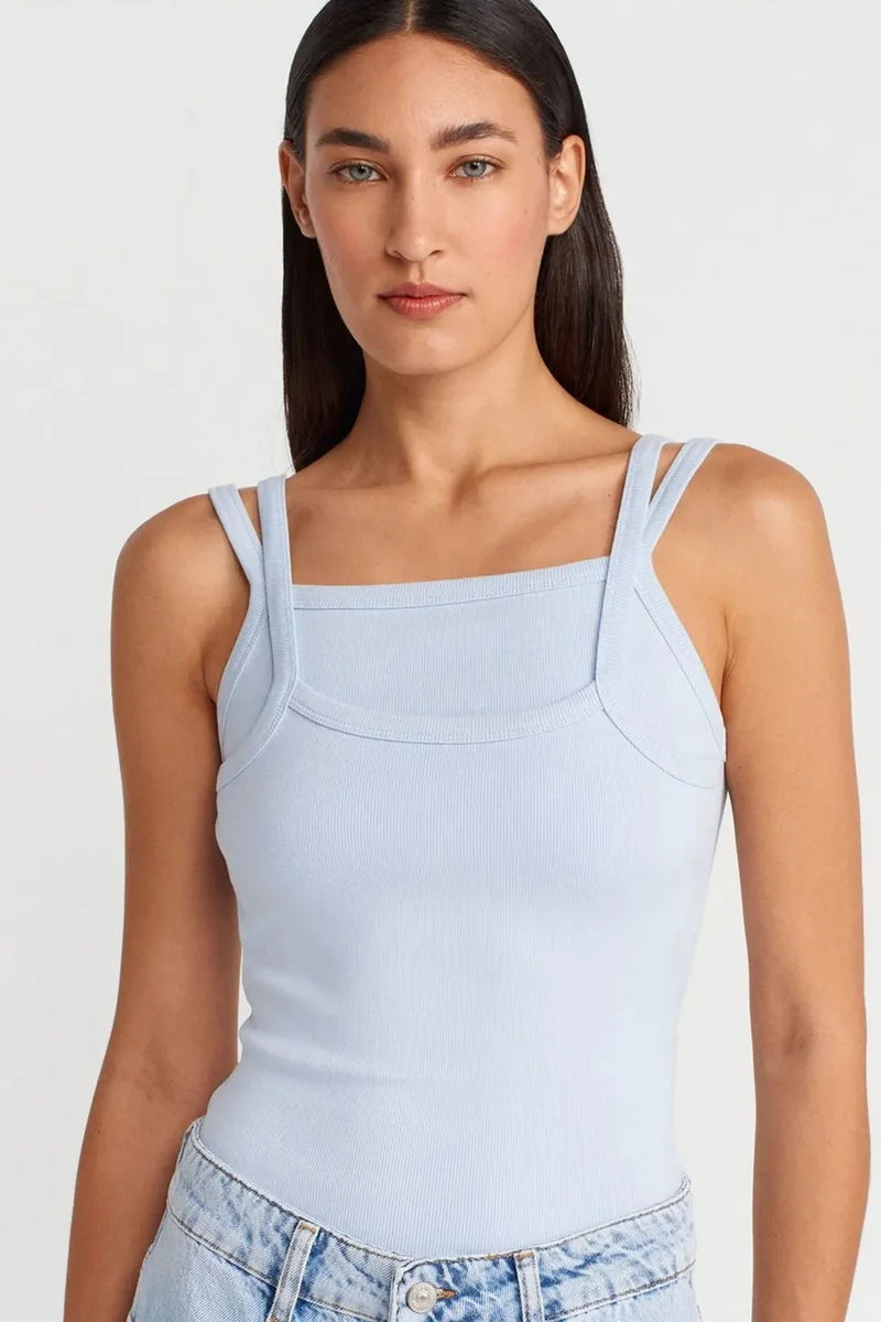 DILVIN Ribbed Sleeveless Square-neck Blouse