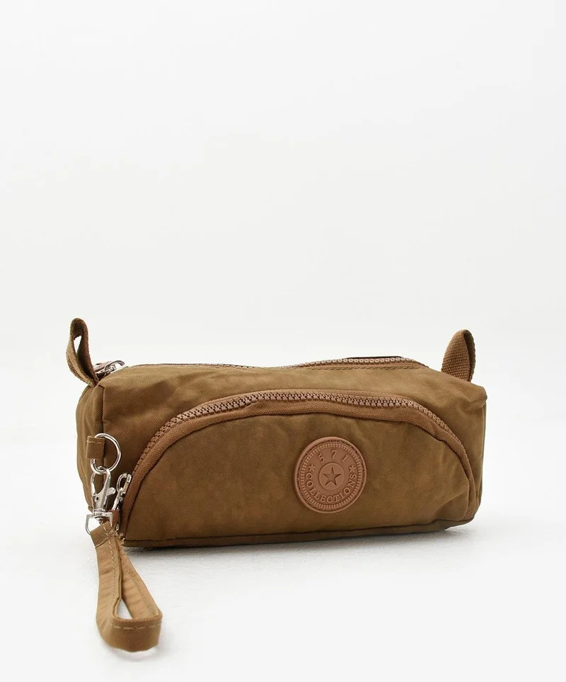 Duomino Tan Crinkle Fabric Multi-Pocket Water Repellent Washable Pencil Case / Wallet Type Make-up Bag