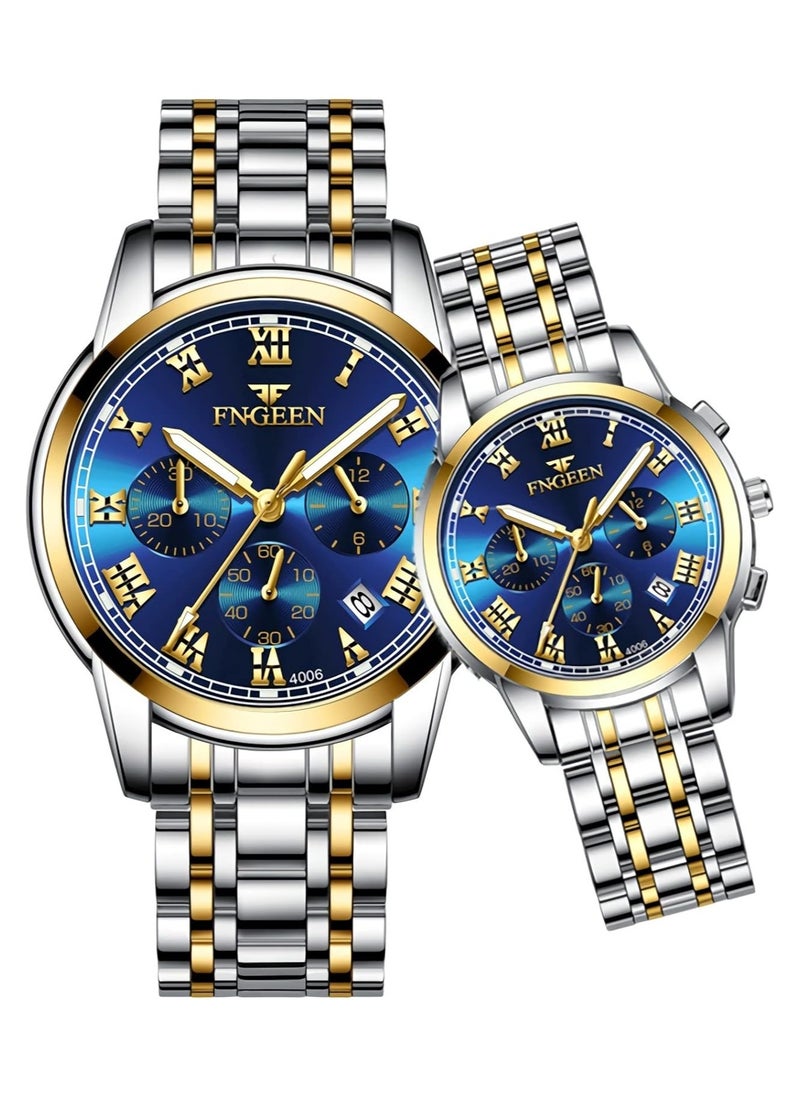 FNGEEN Roman Numeral Stainless Steel Luminous Quartz Couple Watch For Men & Women  - Image 1