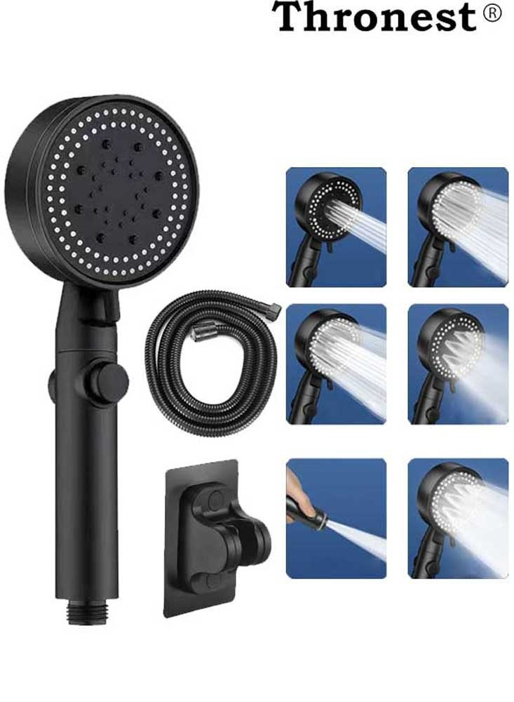 Thronest Upgraded High Pressure Shower Head Set [5 Modes/Water-Saving/One-Touch Stop] with 1.5M Flexible Hose & No-Drill Wall Bracket - Ideal for Saudi Water Pressure & Bathroom Setup -Black  - Image 1
